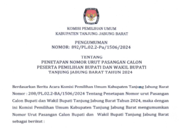 Pengumuman KPU Tanjab Barat  Tentang Penetapan Nomor Urut Paslon Peserta Pemilihan Bupati Dan Wakil Bupati Tanjung Jabung Barat Tahun 2024